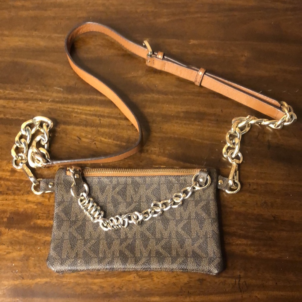 MICHAEL KORS MK Monogram Tan Brown Crossbody Bag with Two Tone Metal Hardware